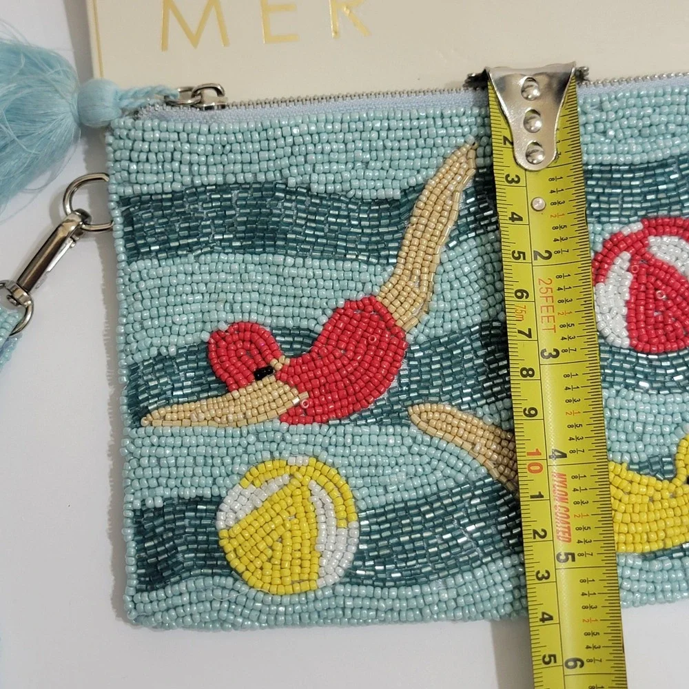 Sol and Mer Beaded Wristlet Clutch Blue Swimmers Beach Ball Handmade India NWT